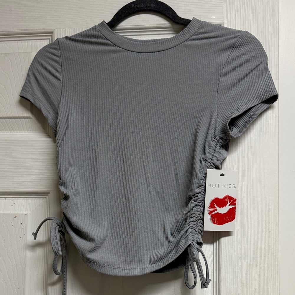 Hot Kiss Gray Ribbed Side-Tie Crop Top